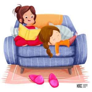 mom reading stories to sleepy child bedrtime cute cartoon