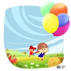 Two happy children run through a vibrant, flowery meadow
