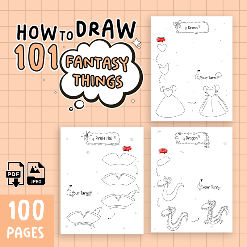 Display picture of pages from a book bundle themed as drawing fantasy things for kids step by step