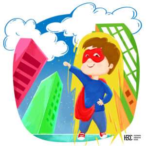 Little kid in superhero costume posing Like a superman