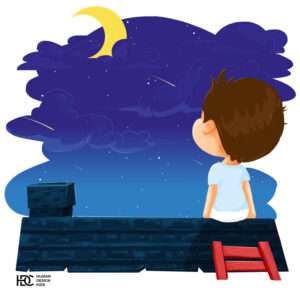 Child is looking at the night sky cartoon drawing