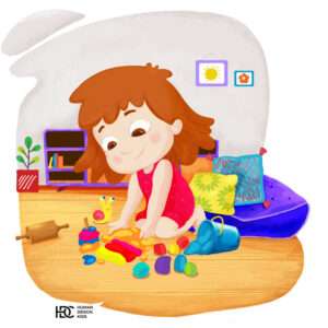 Little girl Child playing alone cartoon illustration