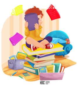 Young boy child reading many books