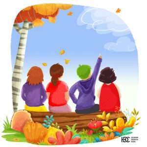 Children sitting on bench digital illustrations