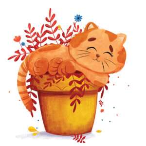 Cartoon Cat sleeping in the Potted Plant