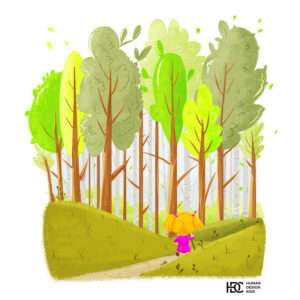kid is enjoying walk in woods illustration