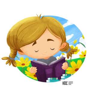 litte girl enjoying book reading cartoon digital illustration