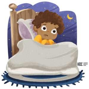 Scared Child in Bed cartoon Illustration for childrens stoy books