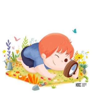 curious boy in garden looking through magnifying glass cute cartoon art