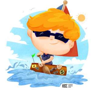Little adventurer boy sailing through sea tides cartoon art