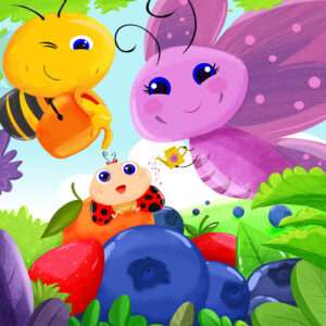 Cartoon Butterfly and honey bee in Garden cute childrens illustration