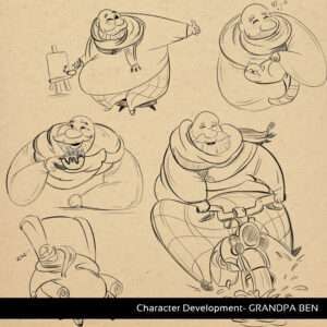 Grandpa Ben Visual Development Sheet, character poses, exprerssion for a fat happy Old man