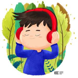 Young Boy enjoying Music digital illustration