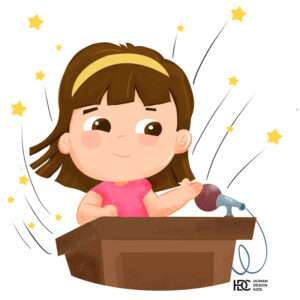Little girl kid with microphone doing a talk cartoon