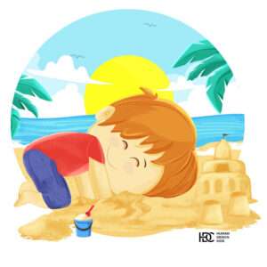 Cute boy having fun at beach cartoon illustration , editorial illustration