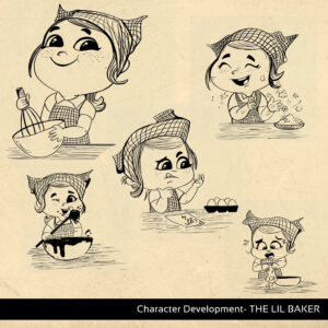 the lil baker: Visual Development Sheet showing a little girl who enjoys baking, children Illustrations