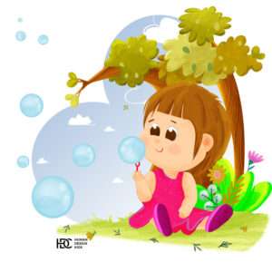 Little girl child blowing bubbles cartoon digital illustration