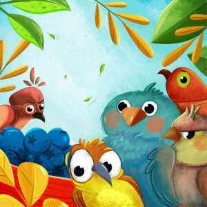 Birds cartoon illustration funny witty and curious expression in the garden