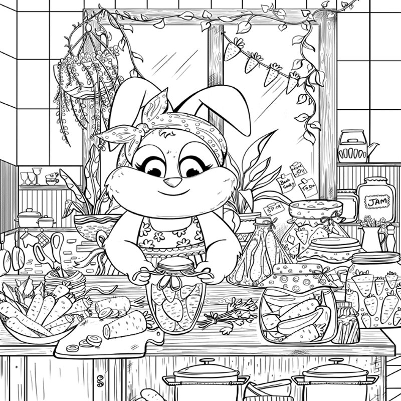 Rabbit mom making and storing pickles in country kitchen hand drawn illustration for coloring