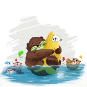 cute otters with fish digital illustrations
